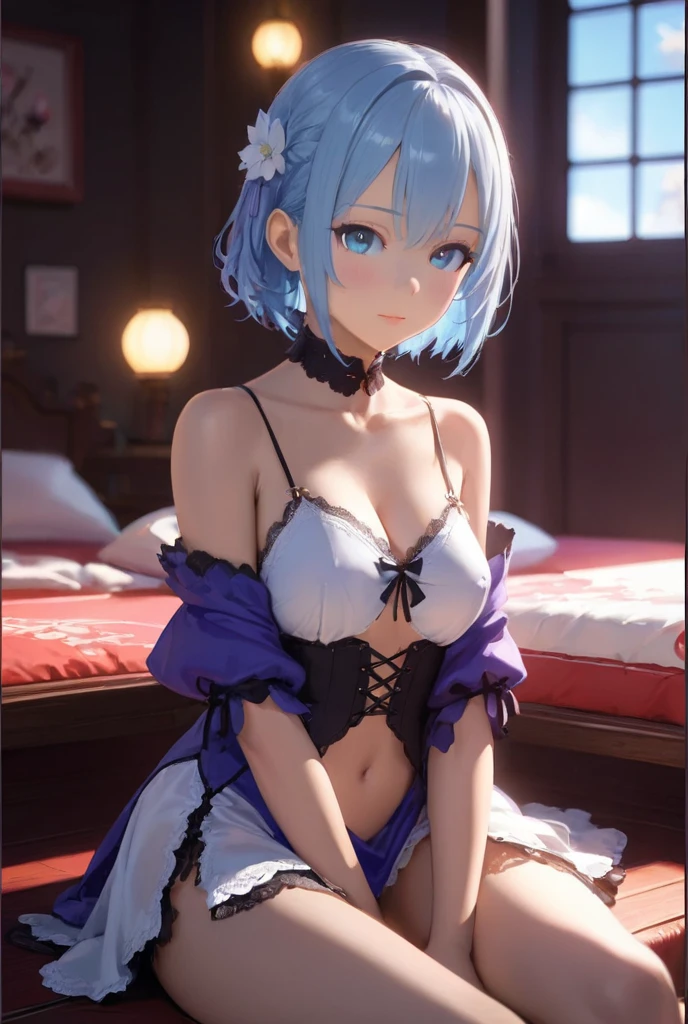 (hyper rhealist girl:1.2), ((Rem de 18 anos)), (re;zero), corpo inteiro, single body, Looking at Frente, sitting on ground, (coxas internas expostas), joelhos dobrados, (cabelo curto), (cabelo azul), middlebreasts:1.3, Quarto feminino, Traditional Japanese Room, Hyper rhealist, cinematic lighthing, (octan render), ray tracing