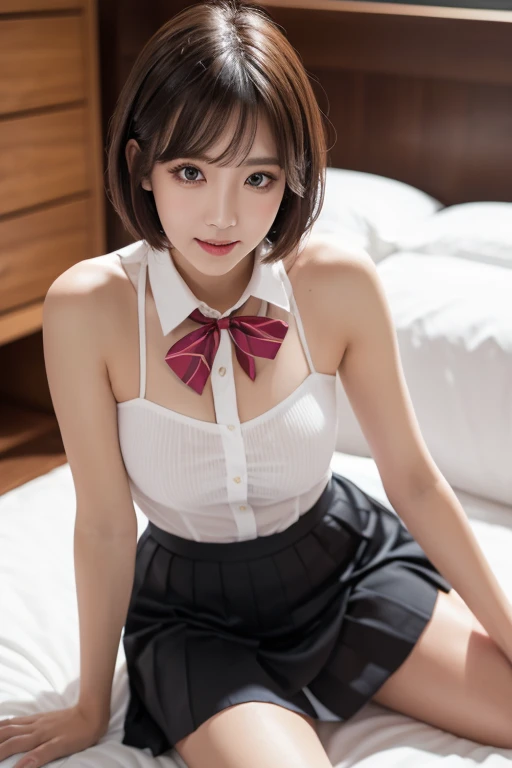 (nude)(8K, RAW Photos, Highest quality, Master:1.2), (Realistic, photo-Realistic:1.37), Super detailed, 1 Girl, cute, alone, Beautifully detailed skies, Detailed face, night, Sitting, Date, (Blushing), (smile: 1.1), (shut up), Big Breasts, Beautiful and delicate eyes, Button unbuttoned, (Collared shirt: 1.1), bow tie, Pleated skirt, (short hair: 1.2), Flowing Hair, Long eyelashes, eye shadow, Small face, Big eyes, Full Body Shot, Bare shoulders, indoor, bed