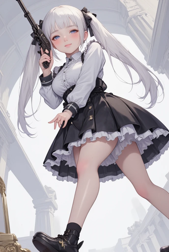 masterpiece, best quality, 1 girl, solo, , flat chest, ingridms, hairpods, gloves, skirt, black pantyhose, white banties, bow, dress, tutututu,blackpantyhose, Crotchless pantyhose, white background, looking through legs