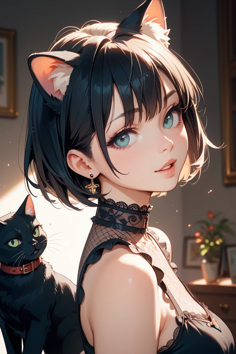 (Best quality, masterpiece), (1 girl, One, black dress, standing , I look at the viewer, White hair, Finely detailed red eyes, holding a rose, closed mouth, upper body, cat's ears, ears invisible, Finely detailed hands ), (red dreamcatcher behind, Red flower, )