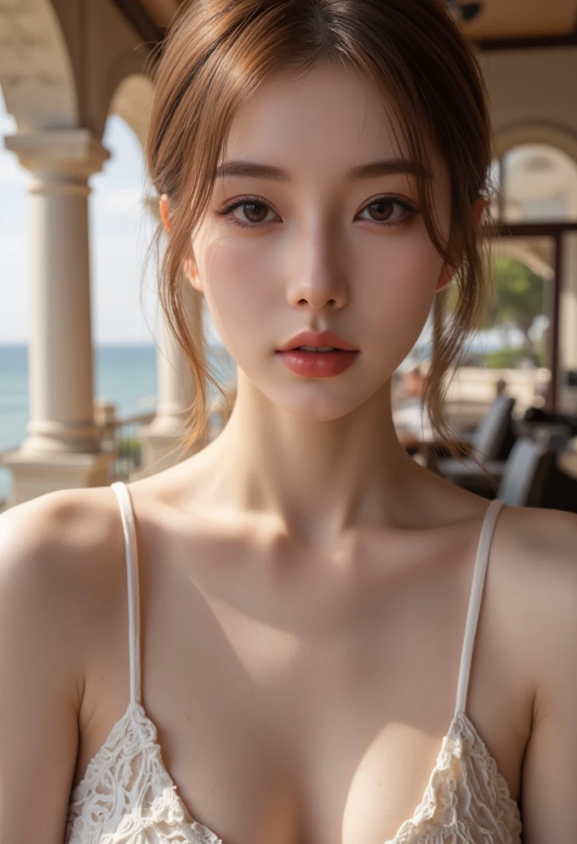 (1 woman:1.3), alone, ((Very detailed face)), ((very detailed 눈과 얼굴)))), beautiful 디테일의 눈, full body body parts, official art, Integrated 8K wallpaper, very detailed, beautiful and beautiful, beautiful, masterpiece, best quality, original, masterpiece, very nice photo, best quality, ultra high resolution, realistic realism, sunlight, full body portrait, amazing beauty, dynamic pose, delicate face, lively eyes, (from the front), she wears a swimsuit, red and black color scheme, very detailed 해수욕장 배경, Bench, Seaside view, detailed face, Detailed complex busy background, very cool, milk white, very detailed 피부, realistic skin details, visible pores, clear focus, 8k upscale, dslr, high quality, film grain, fair skin, photo realism, lomography, Futuristic dystopian megacity, transparent