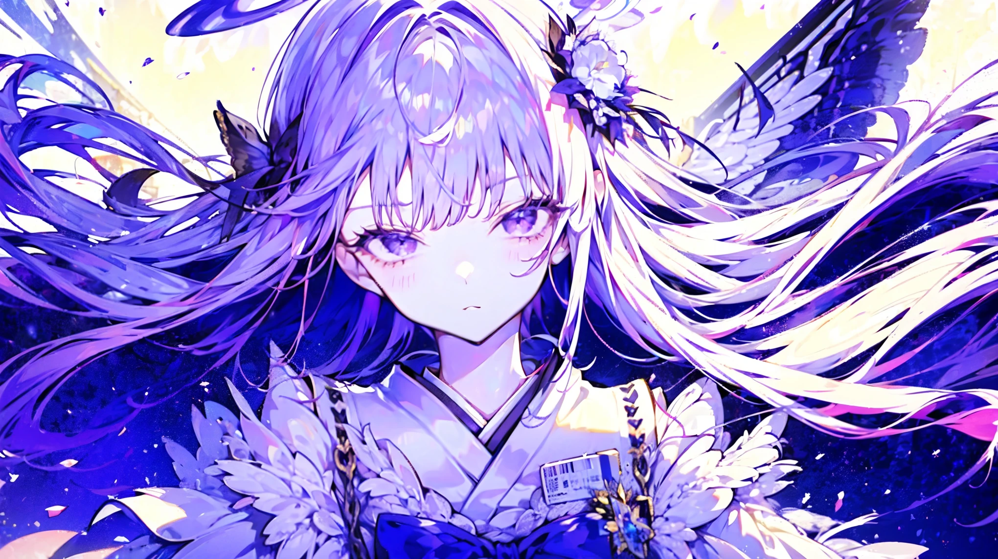Winged, purple long-haired girl, Azur Lane, Valkyrie, floating, school, angel halo, white school uniform,遠くから