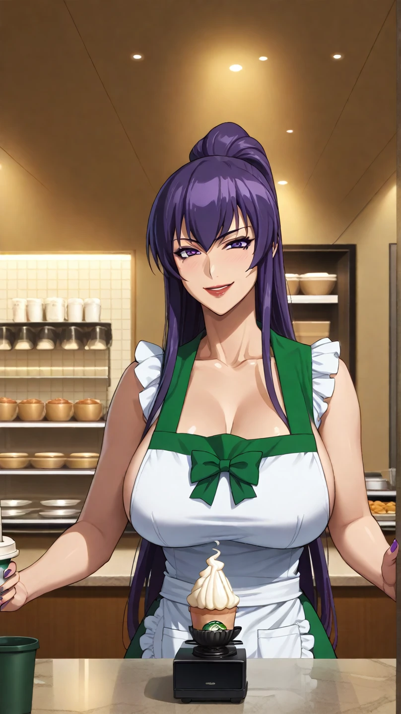 Toujo nozomi, cowboy shot,
purple_hair, long_hair, green_eyes, breasts, smile, blush, twintails, (large_breasts:1.2), hair_ornament, low_twintails, (very tight unbuttoned white shirt),skirt ,in restaurant 