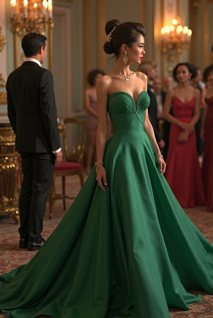 Full length ,"A young woman in an elegant, light green evening gown off the sholder attending a formal event. She is wearing a uniquely designed and beautiful dress, complemented by luxurious jewelry and accessories. The background features a grand and lavish hall with warm, inviting lighting, showcasing a scene of splendor and beauty."