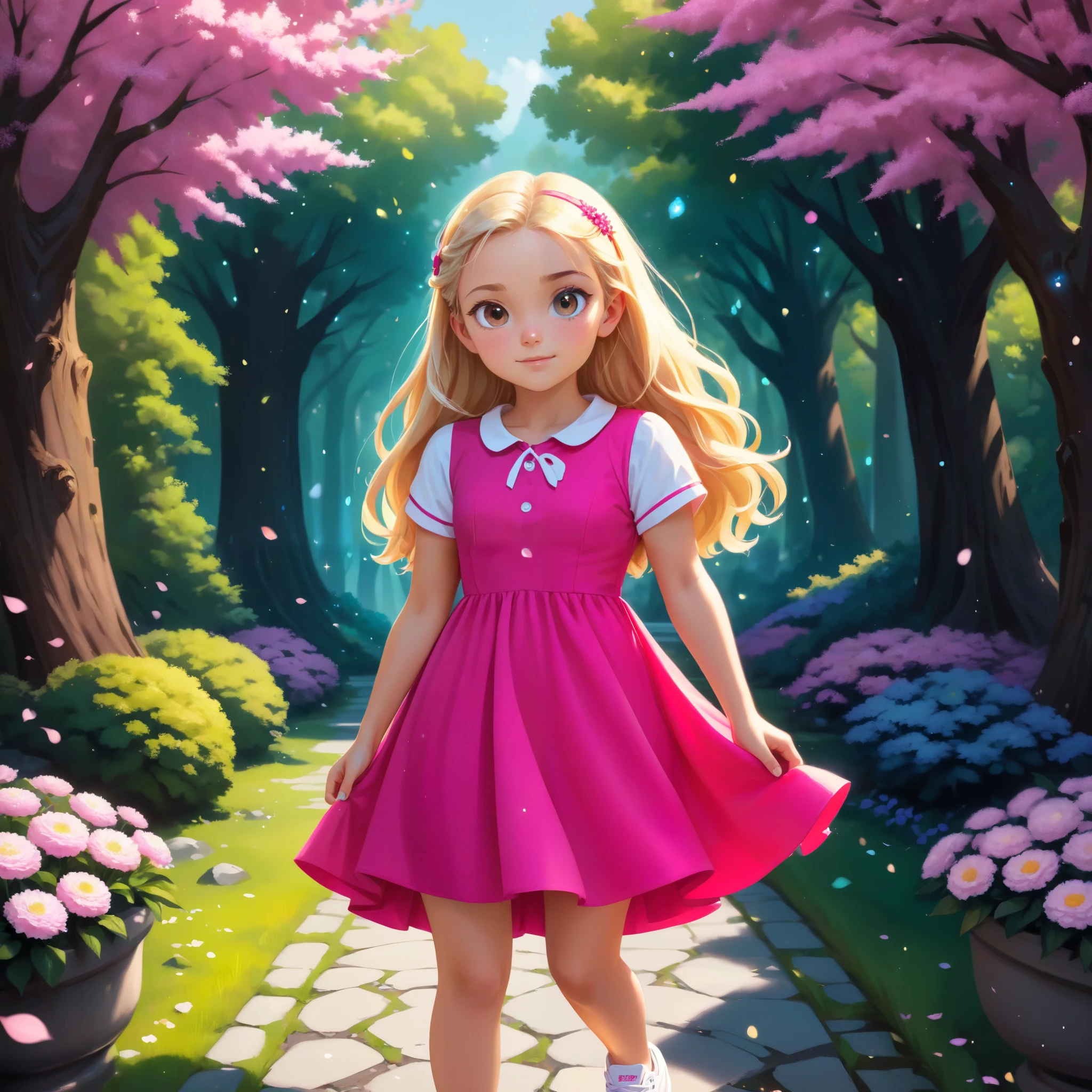 "A colorful cover illustration featuring Lila, an adventurous young girl with curly blonde hair, wearing a bright pink dress and white sneakers, standing at the entrance of a magical forest filled with glowing trees and sparkling flowers. The title 'Lila and the Magical Forest Adventure' is prominently displayed at the top in a whimsical, playful font. At the bottom, it reads 'Written by [R.n types of stories]' in a smaller, friendly font."