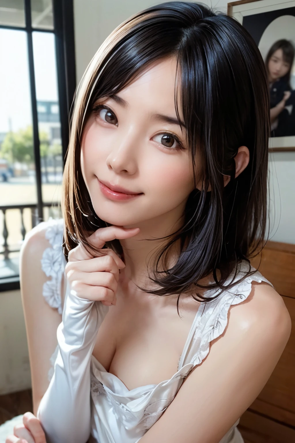 highest quality, Ultra-high resolution, Highly detailed skin, Physically Based Rendering,(shirt with wide open chest、mini skirt),((from below))) ,(((Young face of 18 years old,Japan Schoolgirls、Place both hands on the ground、Topless leaning forward,No bra)))(((panty shot.showing panties,squatting,open legs wide)))(((Small breasts, Nipples are visible, from the front,))),(Japanese school girl uniform),(Blurred Background:1.2), (Cleavage), (Show me her white panties)Long black hair, open chest shirt