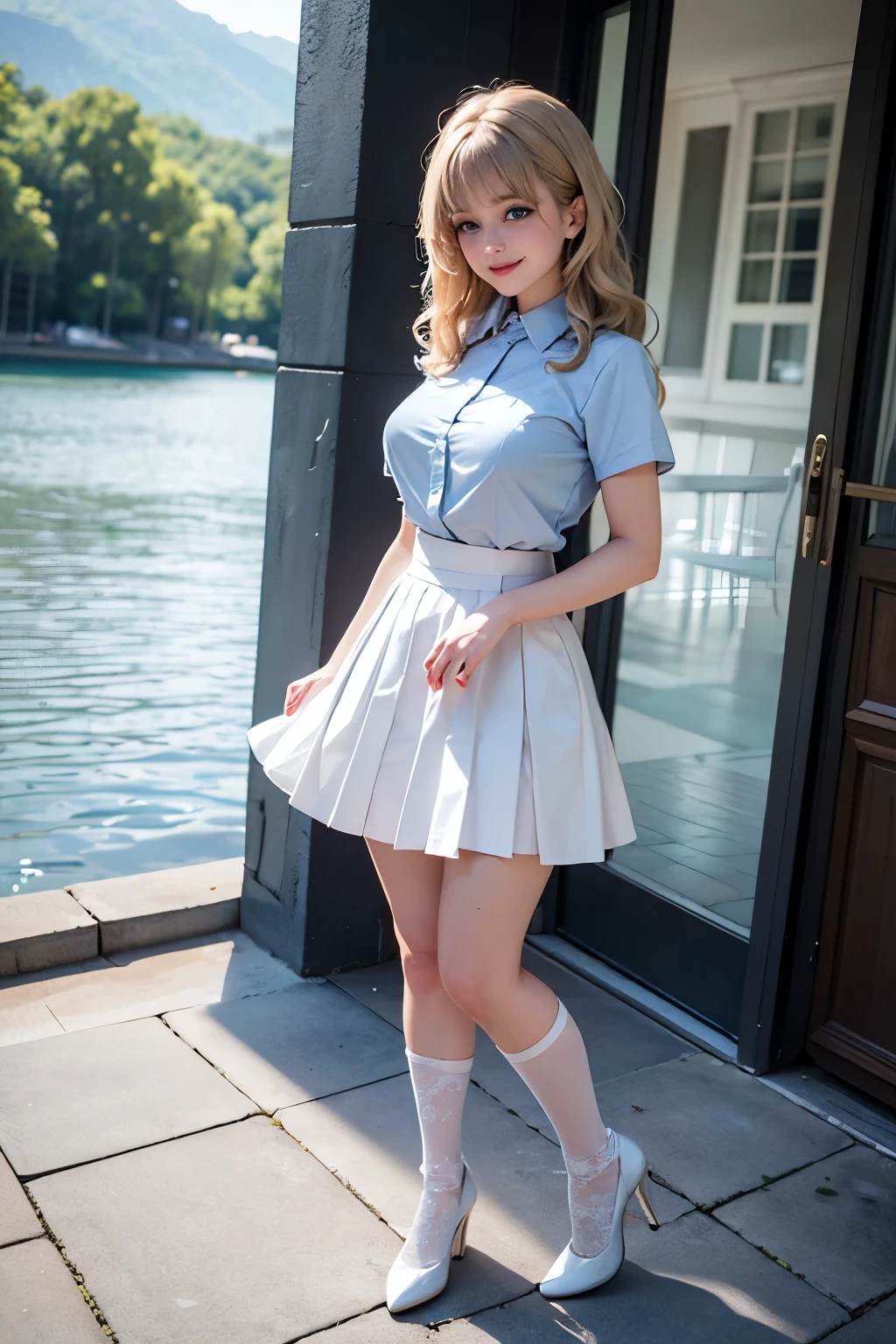 Best quality, full body focus, full body shot, perfect face, soft light, ultra high res, 8k, Masterpiece, , , view the viewer, full body , Front view, (1girl::0.9), , Cute face, (blue eyes:1.5), (Light Blonde wavy Medium hair, Bangs), beautiful (Big breasts:1.3), , Beautiful boob, Beautiful finger, Beautiful hands, Beautiful arms, Beautiful feet, Beautiful legs, (high resolution detail of human skin texture) , ((white Short sleeves collared (see-through:1.hirt, white pleated skirt, knee-high socks, white with lace trim, white pin high heels)), , Summer, lake Side,, , (( standing, , smiling, nose blush) , )) , ,score_9, solo, no bra, no panties, ,