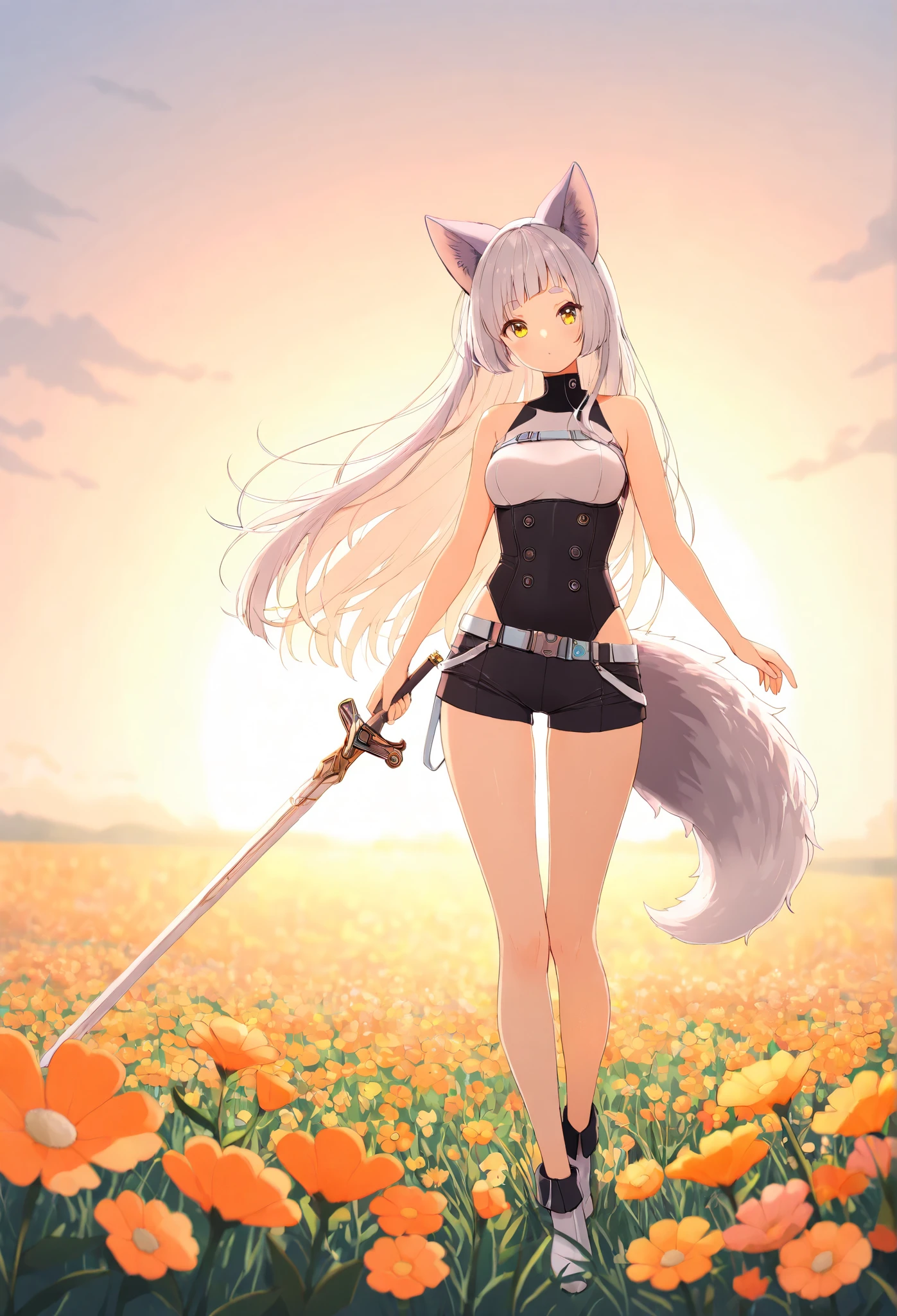 Yellow Eye,turns around, backlit,Fleeting,masterpiece , About ,1 medium breasted girl, alone, 短いBangs,Bangs,Round eyebrows, , and the eyes are, gray hair ,straight long hair,long hair,wolf cut,silver fox ears, White Fox Ears,full body, Designed to fit and move easily。The sophisticated white top。high neck leotard,shorts for two,waist,Do you know futuristic white clothes,sleeveless,standing,Flower Field, #FF2400 color sunset, #FF2400色のFlower Field,orange theme,sword,Flowers Bloom,魔法のsword