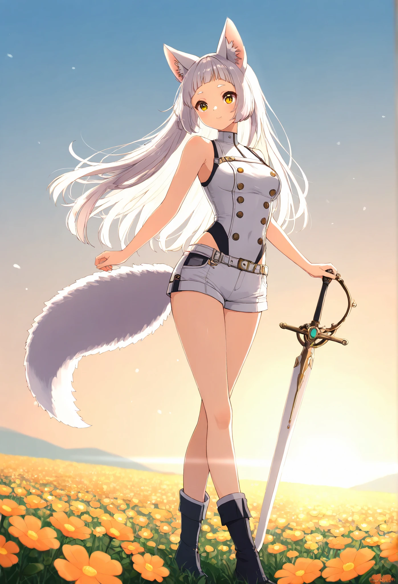 Yellow Eye,turns around, backlit,Fleeting,masterpiece , About ,1 medium breasted girl, alone, 短いBangs,Bangs,Round eyebrows, , and the eyes are, gray hair ,straight long hair,long hair,wolf cut,silver fox ears, White Fox Ears,full body, Designed to fit and move easily。The sophisticated white top。high neck leotard,shorts for two,waist,Do you know futuristic white clothes,sleeveless,standing,Flower Field, #FF2400 color sunset, #FF2400色のFlower Field,orange theme,sword,Make flowers bloom,魔法のsword