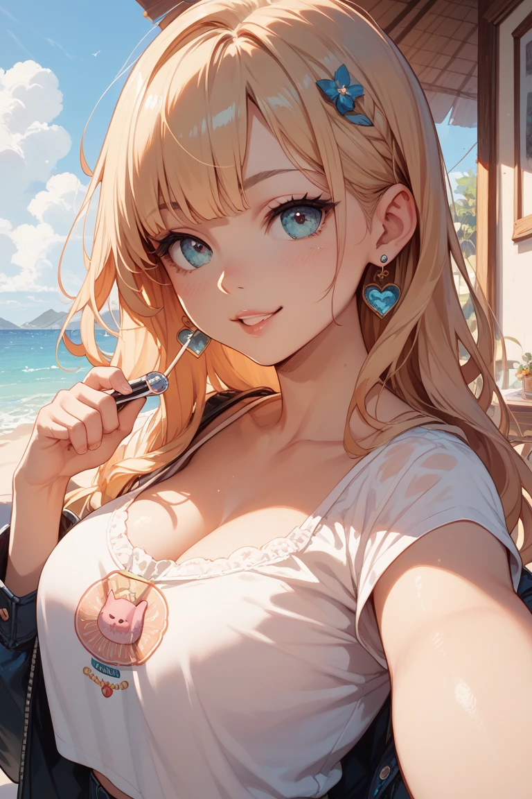 Anime girl, wearing headphones, wearing a flowing dress, cheeky smile, ((big bust)) looks into the camera, photorealistic, soft pastel colours, intricate, path tracing, illustration, insanely detailed, direct sunlight on face, path traced hair