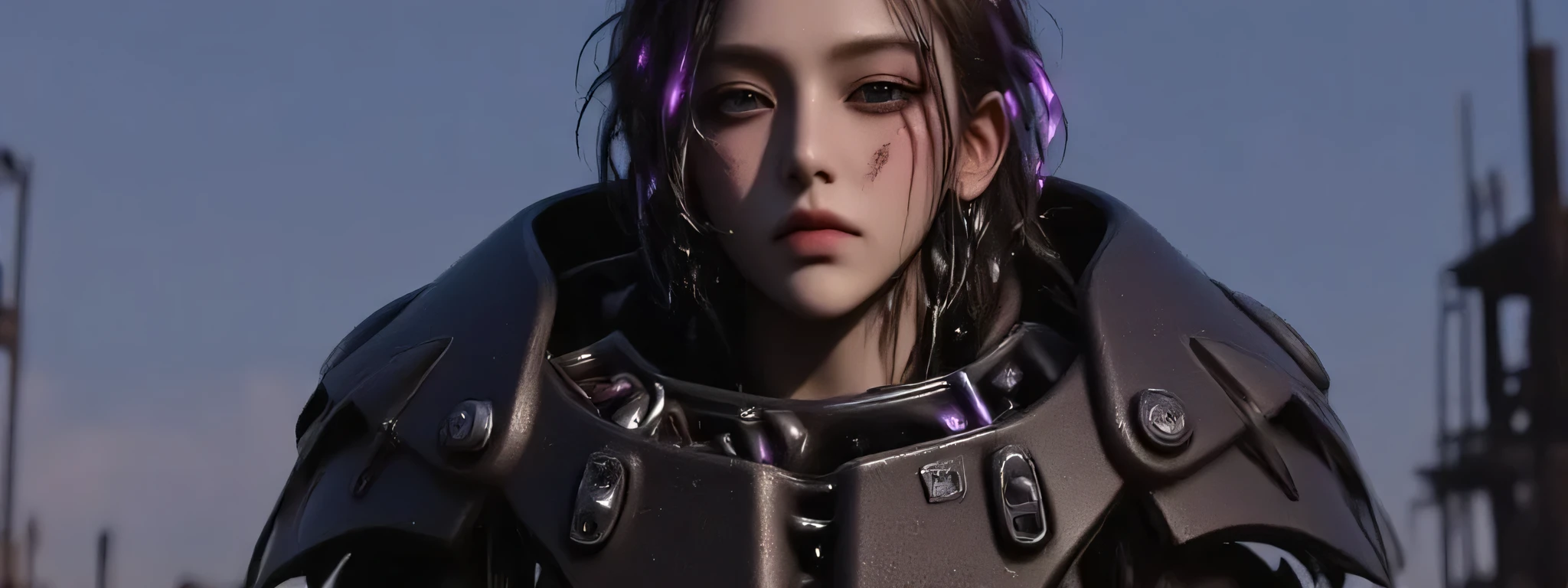 A woman repairing her X-01 power armor. The X01 is badly damager, and she is severely injured, bleeding from cuts and scrapes. Her expression is grim, adding to a sense of power in the image. She has dreadlocks with neon purple lights at the tips. The overall atmosphere is dramatic and dark, the background features a silhouette of urban ruins against a twilight sky, contributing to a dystopian theme. The low-angle view enhances the strong and daring feel of the image.