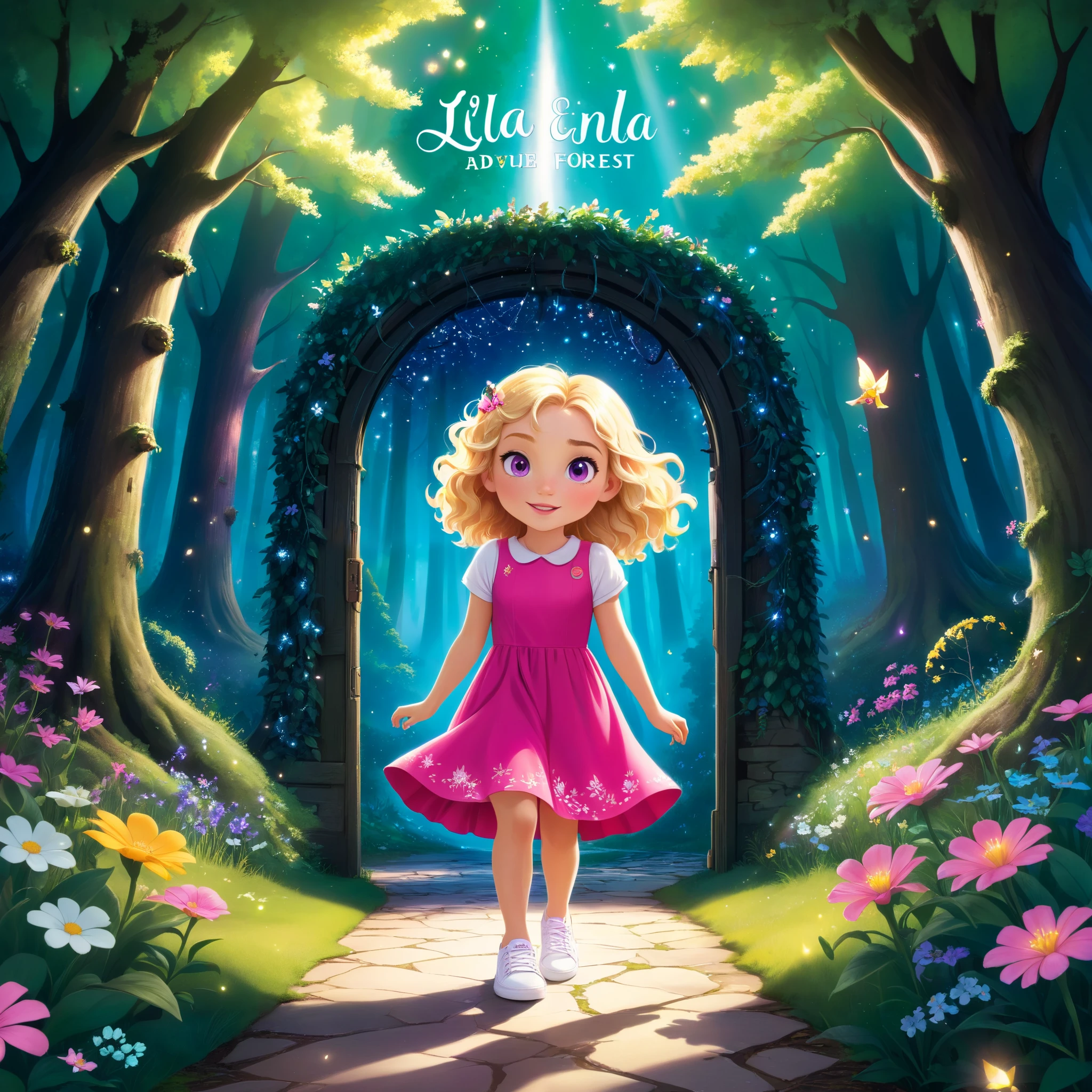 "A colorful cover illustration featuring Lila, an adventurous young girl with curly blonde hair, wearing a bright pink dress and white sneakers, standing at the entrance of a magical forest filled with glowing trees and sparkling flowers. The title 'Lila and the Magical Forest Adventure' is prominently displayed at the top in a whimsical, playful font. At the bottom, it reads 'Written by [R.n types of stories]' in a smaller, friendly font."