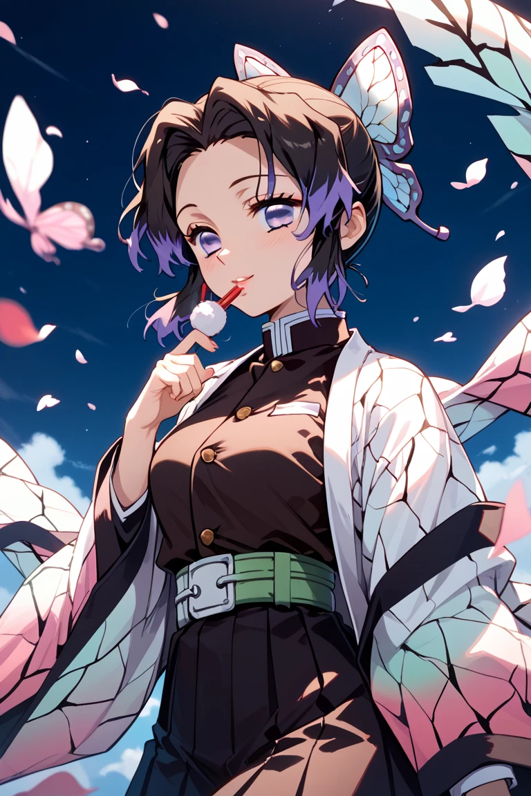 One girl, kochou shinobu, 
looking at viewers,standing,fighting,holding sword,
Break demon Slayer uniform, Haori, kimono, Jacket, belt, blue null, black Jacket, butterfly hair ornaments, hair ornaments,
Break short hair, Purple Hair, Multicolored Hair, Gradient Hair, Black Hair, bangs, parted bangs, Side Lock , Purple eyes, Hollow Eyes, smile, 
Break sword,outdoor,Day, Blurred, cloud, Blurred background, Mouth closed, 
break masterpiece ,8k unity wallpaper,anime key visual,highest quality, High resolution, unity 8k wallpaper, (shape:0.8),anime coloring,highly detailed face, detailed eyes,growing eyes,shiny skin,fine skin,white skin,dense skin,detailed hair,highly detailed legs,perfect lighting, Detailed CG, (perfect hands, perfect anatomy),High resolution,(Detailed wear ),slender limbs, delicate curves, dainty hands,figure:0.8,