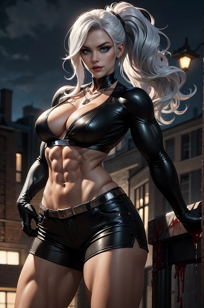 (best quality,4k,8k,highres,masterpiece:1.2),ultra-detailed,physically-based rendering,vivid colors,bokeh,a playful sexy female vampire with muscles, (((strong muscles, defined muscles, biceps, triceps, eight pack abs, wide shoulders, narrow hips, narrow waist, huge breasts))),portraits,sharp focus,beautiful detailed eyes,beautiful detailed lips,extremely detailed face,longeyelashes,pale skin,twilight atmosphere,dark red lipstick,gorgeous appearance,strong biceps and abs,sensual expression,prowling in the moonlight,seductively fanged smile,long flowing  silver hair,striking pointy fangs,mysterious gaze,blood-red nails,provocative pose,dangerous beauty,alluring red silk dress,draped in a velvet cape,confident posture,enchanted aura,moonlit garden background,glowing eyes,piercing stare,mesmerizing charm,slender figure,graceful movements,fierce and powerful presence,immortal allure,temptation and desire,seductive vampire queen,ethereal and captivating,glamorous vampire queen