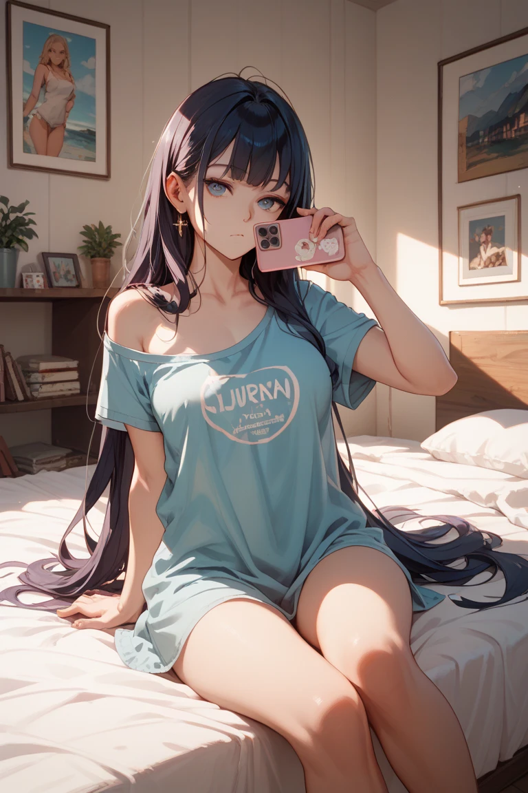 (8k, best quality, master piece: 1.2),super high resolution,1 girl, 独奏, cowboy shot ,ultra-detailed face, Selfie、Reflection in the mirror、nurse、sky blue、Random Hair、Brown、Private room、bed、wariza, hand between legs, Collarbone