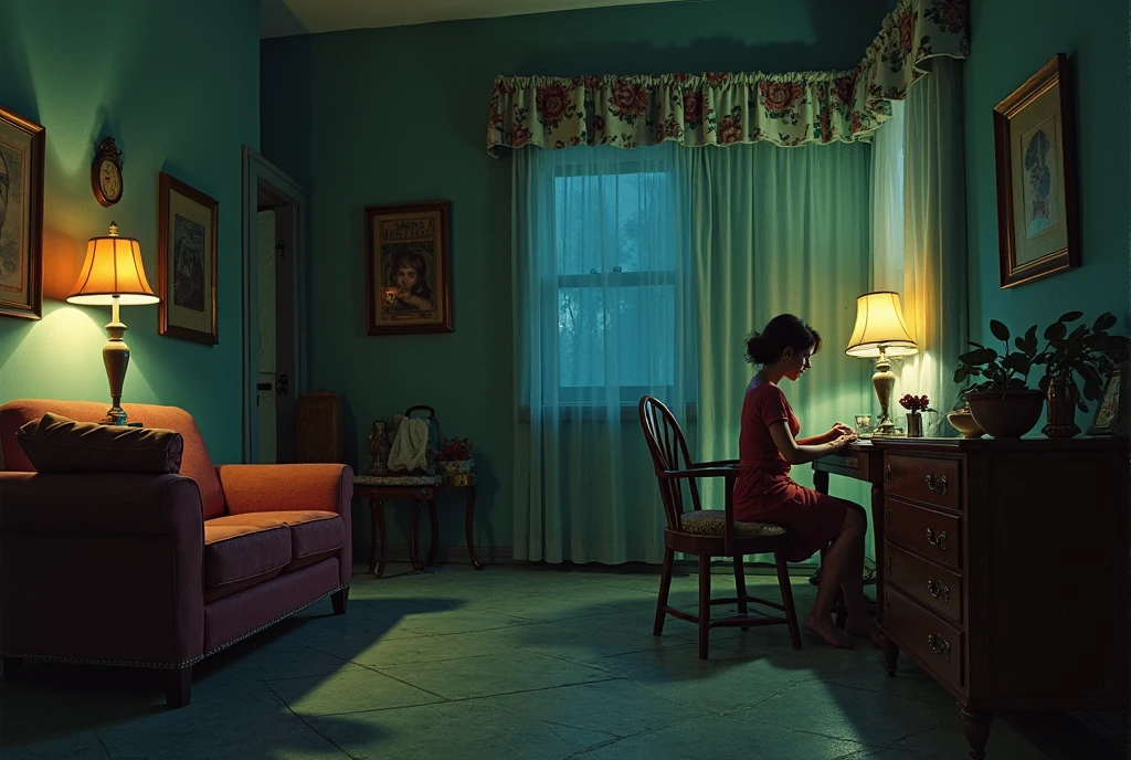 Photo of a young woman standing inside a motel room looking at the camera, from 1960s, red theme, 1960s interior with a CRT TV on, a window at her back, New York street at night with pouring rain and neon signs inside the window, night