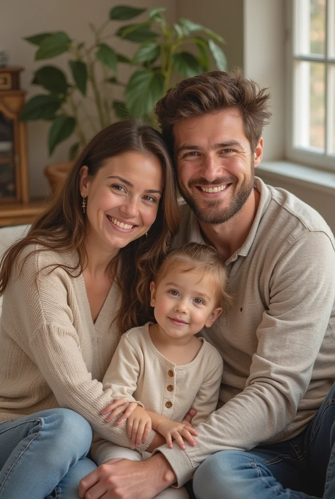 Realistic; Create an image of a couple with a man and a woman on his lap with the same physical characteristics as the reference image