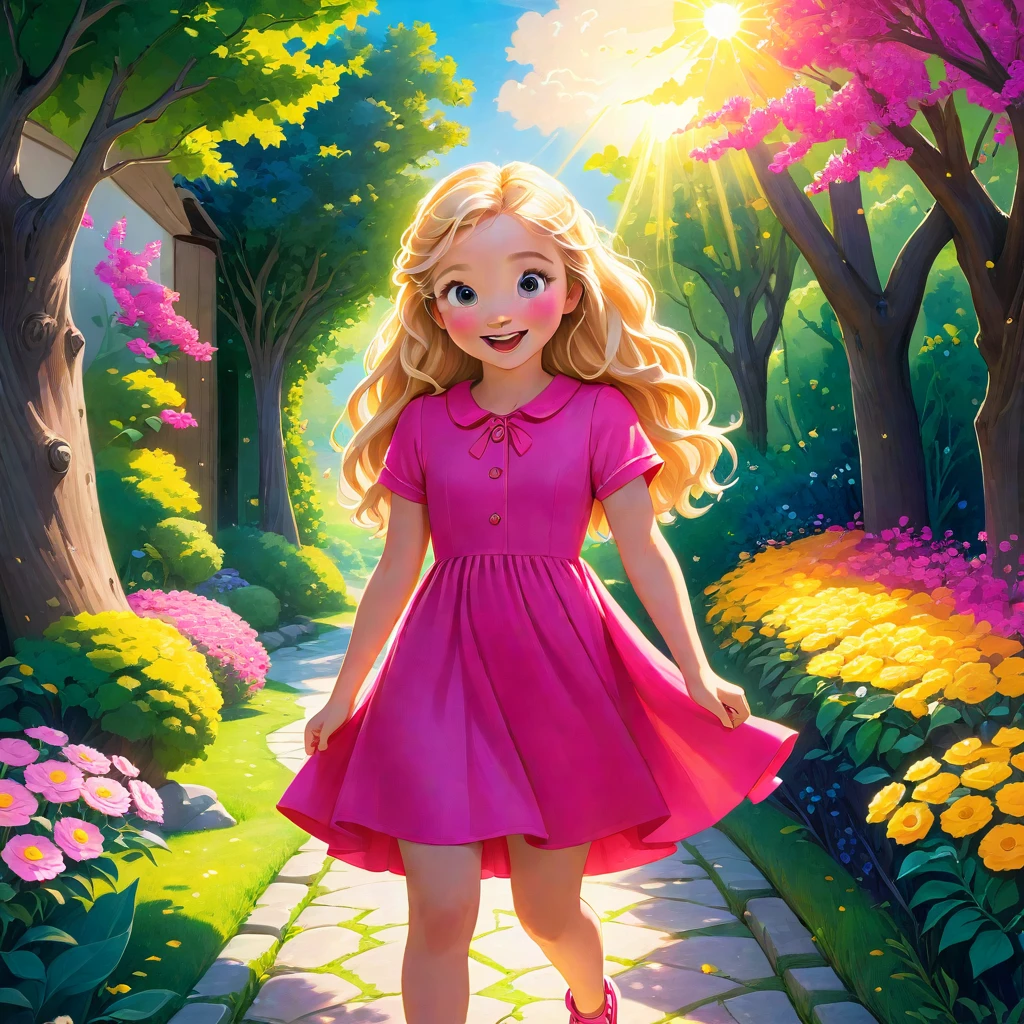 Illustration of a joyful young girl with curly blonde hair, wearing a bright pink dress, standing excitedly at a narrow, winding path surrounded by colorful flowers and bushes. The sun shines brightly from above, and the backyard is filled with vibrant greenery.