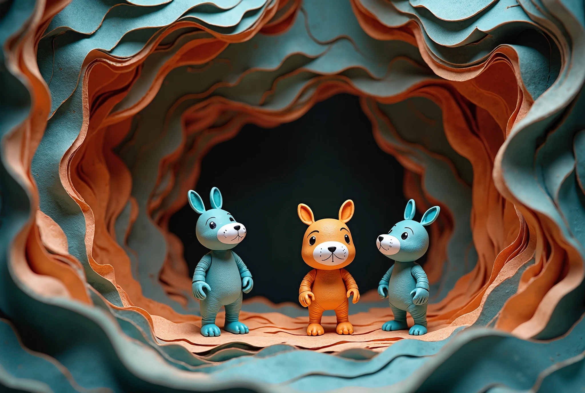 small toys stand in a sea of rolled paper, Paper Art, digital matte black Paper Art, Pop Japonism 3D Ultra Details, Paperwork, Chris LaBrooy inspired, layered Paper Art,  Portrait of , Kenny Wong x Popmart, made of paper, Adorable Detailed Digital Art,  paper art made of paper 