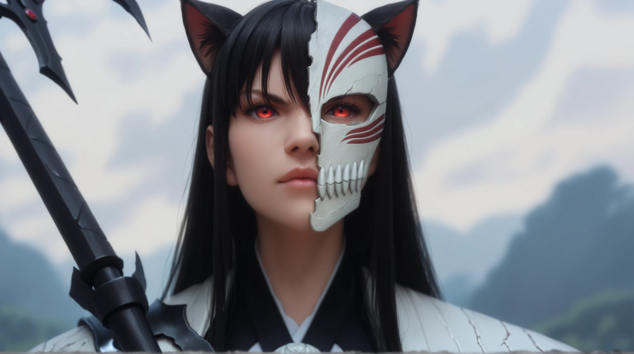 , junkotvvxl , red eyes, black hair, cat ears, blows, hair between eyes, long hair, , (Ahoge), straight bangs, hair between eyes, , cape,close up, black heavy detailed clothes, single person, weapon, art, dark and malevolent, weapon, armor, powerful and intimidating, (masterpiece, best quality, ultra-detailed, best shadow), (detailed background, dark fantasy) , armor, high detailed background, girl in demon slayer art, , epic anime art, God death