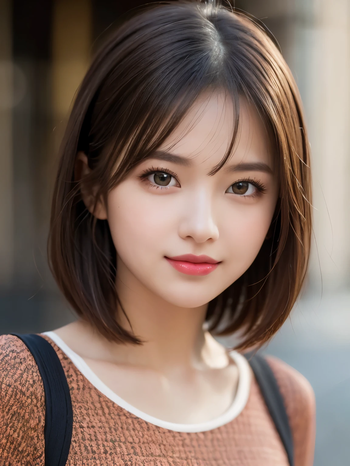 (masterpiece), highly realistic, beautiful atmosphere, intricate textures, super-resolution, hyper-realistic, high contrast, Portrait of a cute girl, looking at viewer, Focus on the Face, (Glowing Eyes), Glossy lips, rouge lip, make-up, blush cheek, smile, baby face, short hair, Brown eyes, beautiful girl, (perfect anatomy), 8k Resolution, wonder full, elegant, hyperrealism, approaching perfection, dynamic, highly detailed, ultra high definition, high quality boost, contrast boost shirt