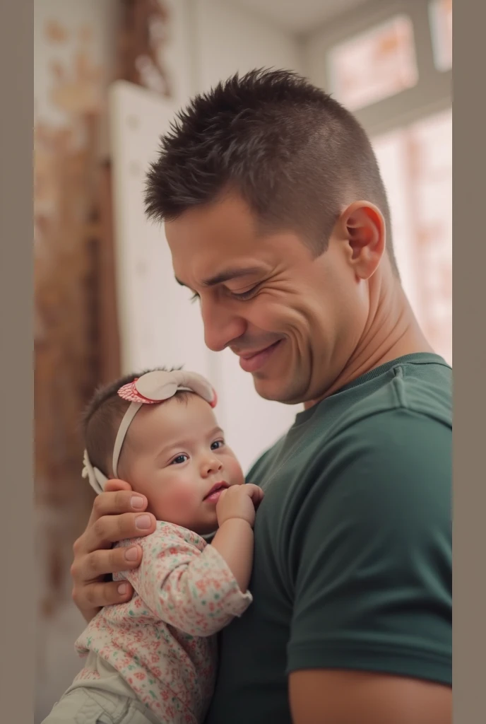 A closeup of a man holding a baby in a living room, pai com filho, imagem de perfil, foto do perfil, foto comercial, Chris Haas e Bernini, full protrait, imagem retrato, home fotografia retrato, Christian Weston Chandler, Nate Berkus, Directed by: Juan O'Gorman, Millaise e Greg Rutkowski, testa larga paterna carinhosa, imagem do avatar
