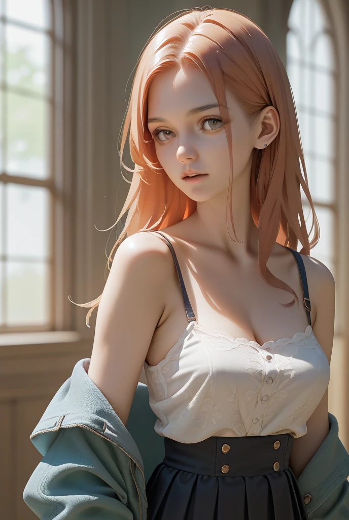 make me a description: woman, with chiffon bra
My torn and falling to her shoulders, her hands clutching her bra, posing, blue-eyed, red-haired, white, panties with chiffon fabric. 1.55 tall 18 years thin with American standard body, rain wet body, with real features