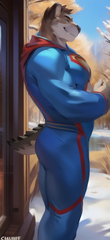 adult male, anthro wolf, nude, dat ass, butt, looking at viewer, looking back at viewer, grin, grinning at viewer, arrogant expression, smug, blue body, blue fur, black mouth, yellow sclera, red scarf, wrist wraps, arm strap, wolf tail, blue tail, athletic male, strong pose, low-angle view,