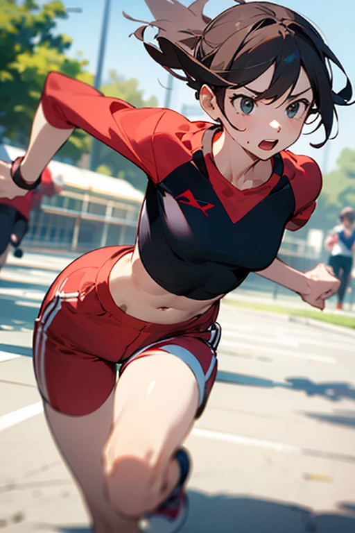 Two-tone hair, red, black, black eyes, long hair, loose hair, high resolution, Exercise, running, satisfied face, sweat, tank top, crop top, tight pants, park