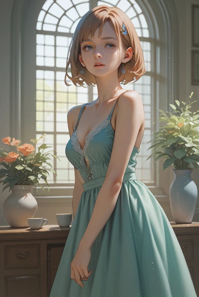 (best quality, high resolution, raw photo), curvaceous, ((Shia LaBeouf)), solo, (long black updo-hair with flower), ((attractive thick-lip)), (white and green maxi strapless-dress ), (huge breast:1.2), (widest hip, huge thigh:1.4), (sexy pose), (near desk, inside office), (looking at camera)