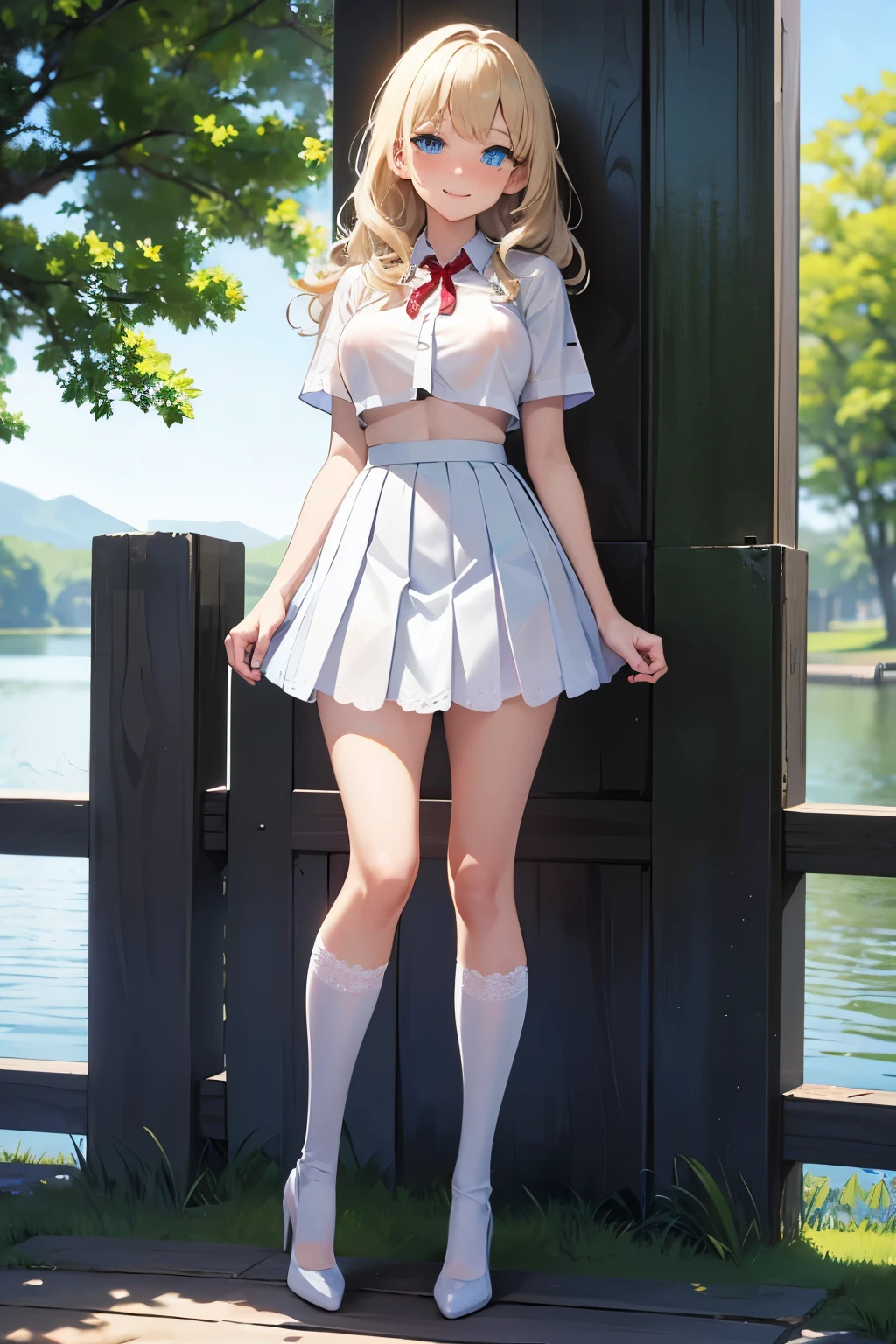 Best quality, full body focus, full body shot, perfect face, soft light, ultra high res, 8k, Masterpiece, , , view the viewer, full body , Front view, (1girl::0.9), , Cute face, (blue eyes:1.5), (Light Blonde wavy Medium hair, Bangs), beautiful (Big breasts:1.3), , Beautiful boob, Beautiful finger, Beautiful hands, Beautiful arms, Beautiful feet, Beautiful legs, (high resolution detail of human skin texture) , ((white Short sleeves collared (see-through:1.hirt, white pleated skirt, knee-high socks, white with lace trim, white pin high heels)), , Summer, lake Side,, , (( standing, , smiling, nose blush) , )) , ,score_9, solo, no bra, no panties, ,