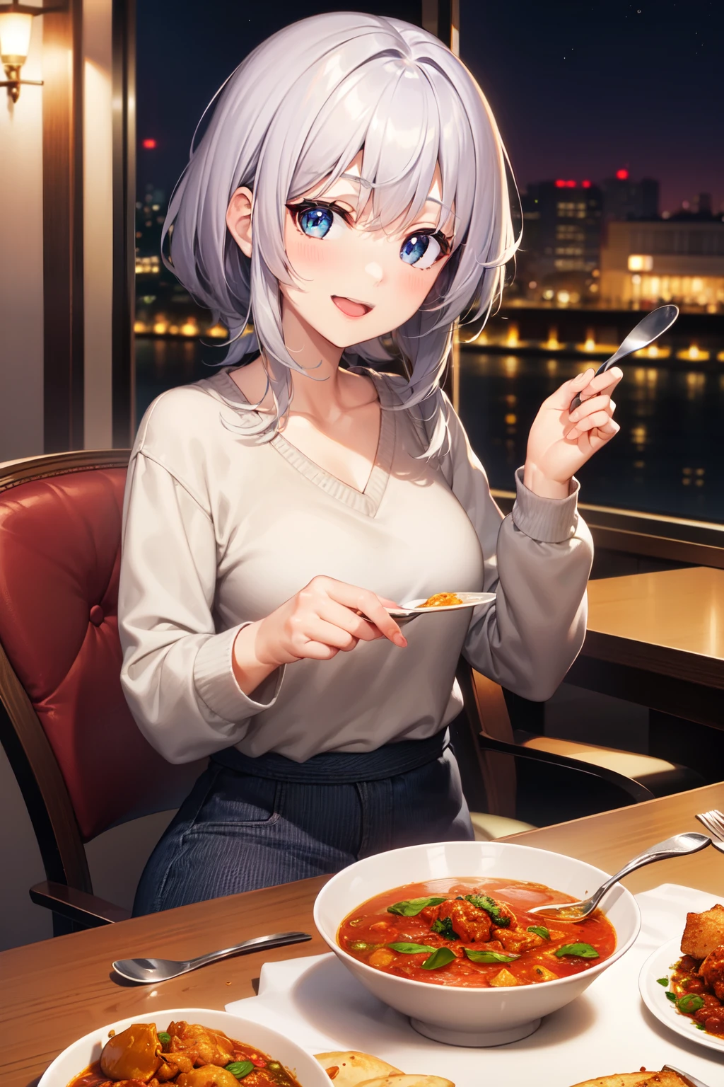 1 young woman, 20 years old, Monja's sexy outfit, White hair, purple eyes, detailed eyes, Beautiful face, detailed face, lustful smile, whole body, standing, Looking at the spectator, tight suit, huge breasts, marked nipples, NSFW
