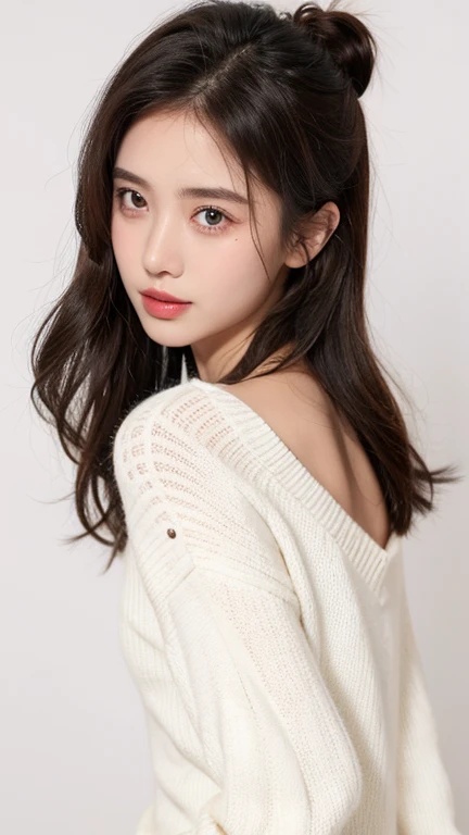 finely detail, hight resolution, hightquality、Perfect dynamic composition, Beautiful detailed eyes, Medium Hair, small tits、Natural Color Lip,Kamimei、Shibuya、20 years girl、1 persons、Transparent skin、Glowing hair、masutepiece, Best Quality, Illustration, Ultra-detailed, finely detail, hight resolution, 8K、The correct state of the human body、Randomly cute poses,Ponytail hair,beauty legs,Perfect beautiful face,KPOP Idol Face,Face that feels ecstasy,Pale light grey knitted dress,Background blur,Randomly dress up as a model for a women's fashion magazine