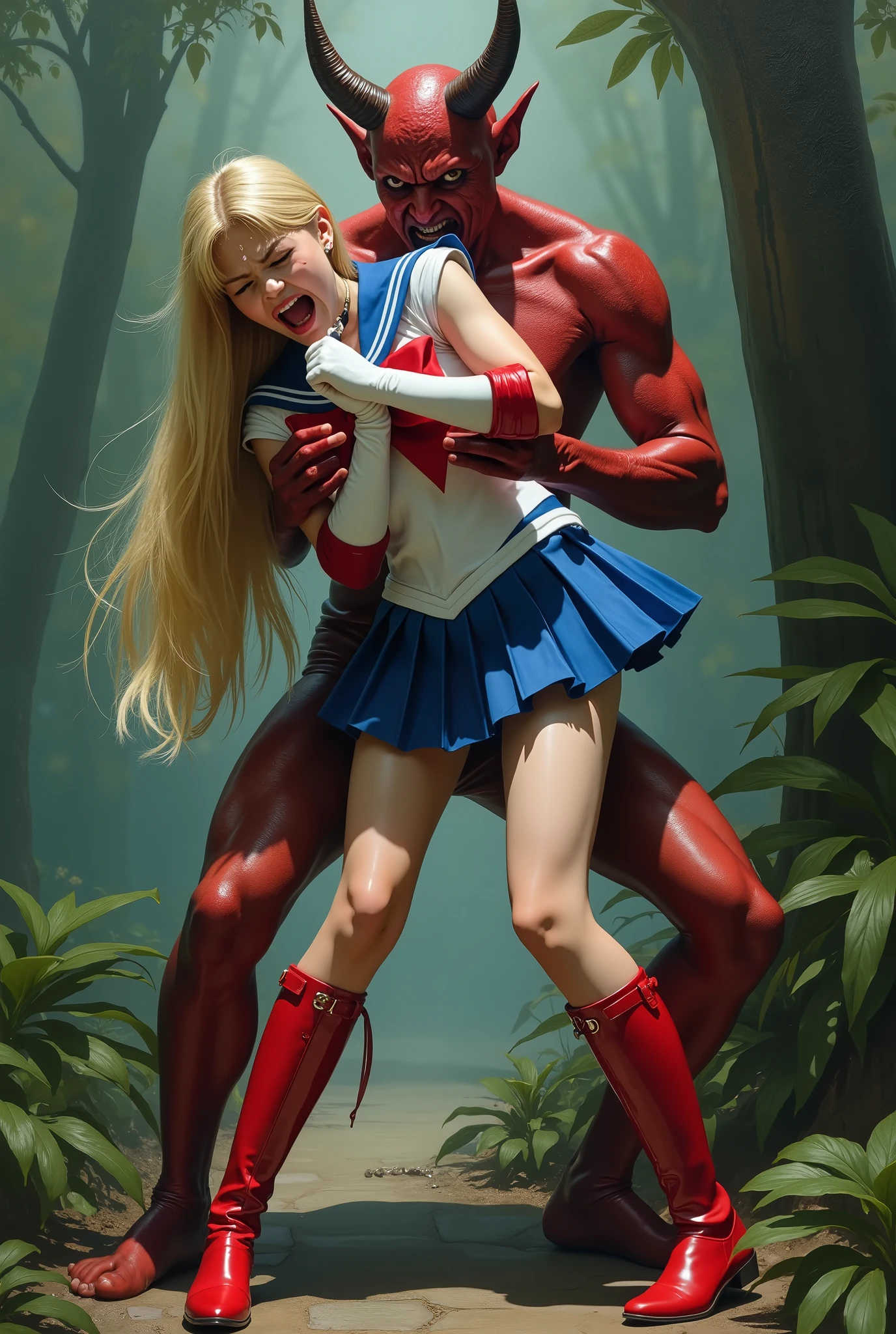 Hyperrealism, masterpiece, highest quality, A young Japanese woman is bending down and hugging from behind by a devil, ((she is crying and screaming in pain)), a bit of blood on her inner thighs, tears from her eyes, painful face, she is wearing a Sailor Moon costume, Blue sailor collar, Blue short mini pleated skirt, she is wearing a very short blue mini pleated skirt, (upskirt:1.8), Long white gloves, shiny beige color pantyhose, Exposed thighs, red long boots, big choker, long blonde Hair, a devil is standing sexual assault her from behind, the devil is hugging her tightly and push his private part into her skirt, her clothes are torn off, in the jungle,
