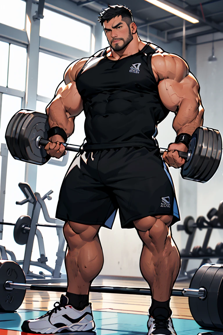 Robust athlete man, upper body revealed, legs uncovered from thighs to feet, bearded with beaded accents, flowing long curls, meticulous muscle definition, lifelike representation, 4K quality. Background: Gymnasium with weights and exercise equipment.,32k uhd, best quality, masterpiece, super detail, high details