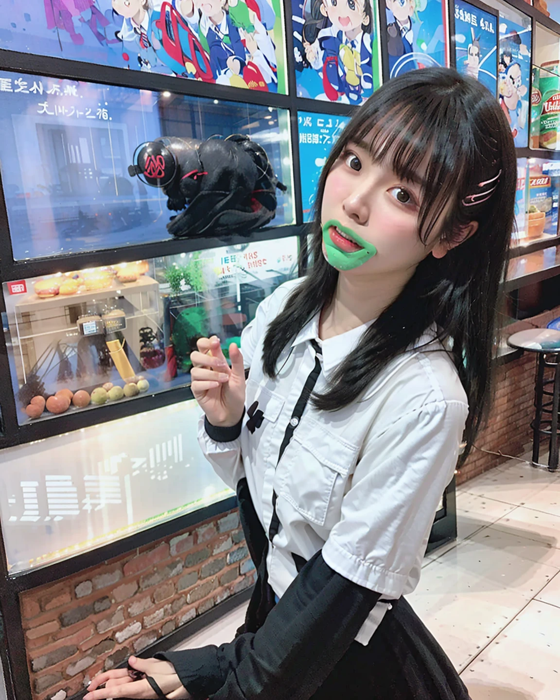 tmasterpiece, Best quality at best, POV, 1girll, length hair, head gear, Green hair, Twin-tailed, aprons, ssmile, desks, food, eats, dining room