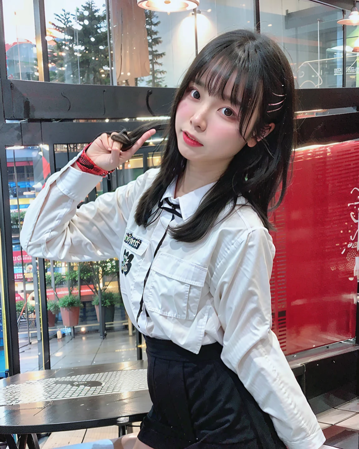 20 years old, pure beauty, danfeng eyes, double eyelids, lying silkworm, long eyelashes, black eyes, deep black hair, graceful body, showing slender waist, short skirt, face highlight, smile, look at me, bust photo, background, city night scene, Tyndall light, filter rendering, ultra-fine, HD, HD, HD picture quality, detail, 18k ultra-HD resolution, top effect, master work, bust photo.