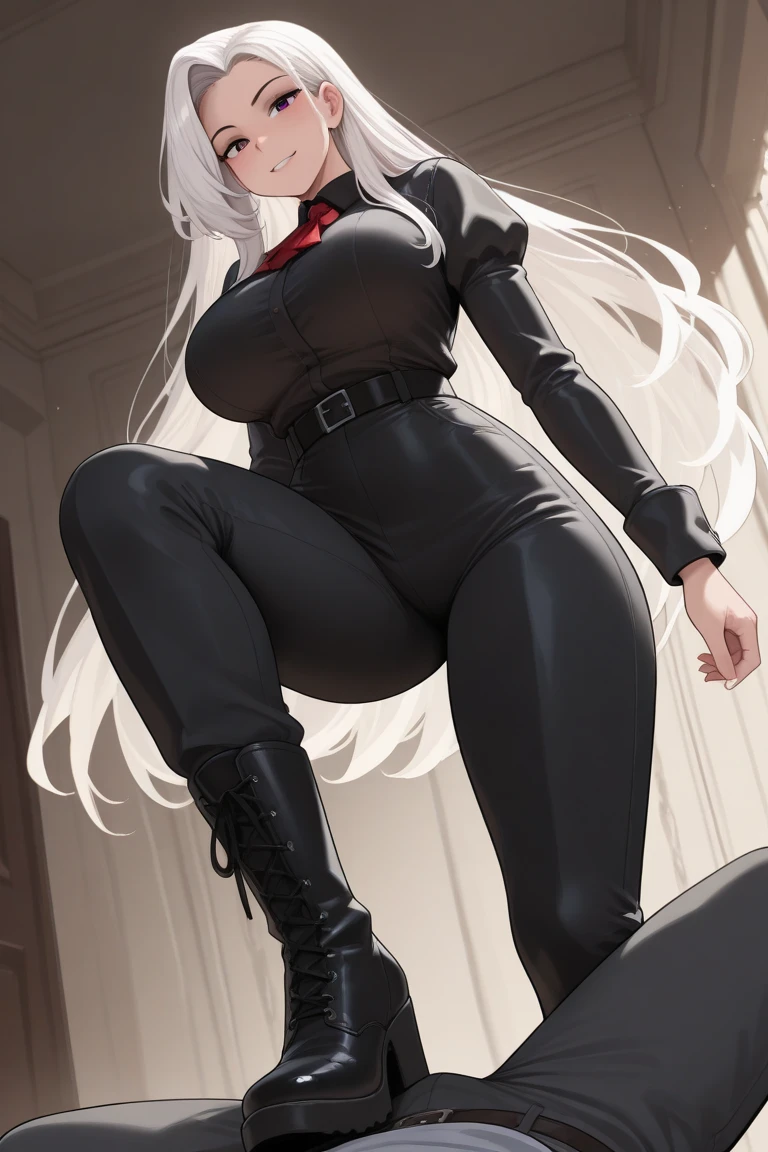 ((best quality)), ((masterpiece)), (detailed), anime depiction of a tall woman, beautiful, glowing red eyes, white hair with streaks of red, imposing, calm, god, fancy suit, long face, powerful, full body, urban setting, light muscles,