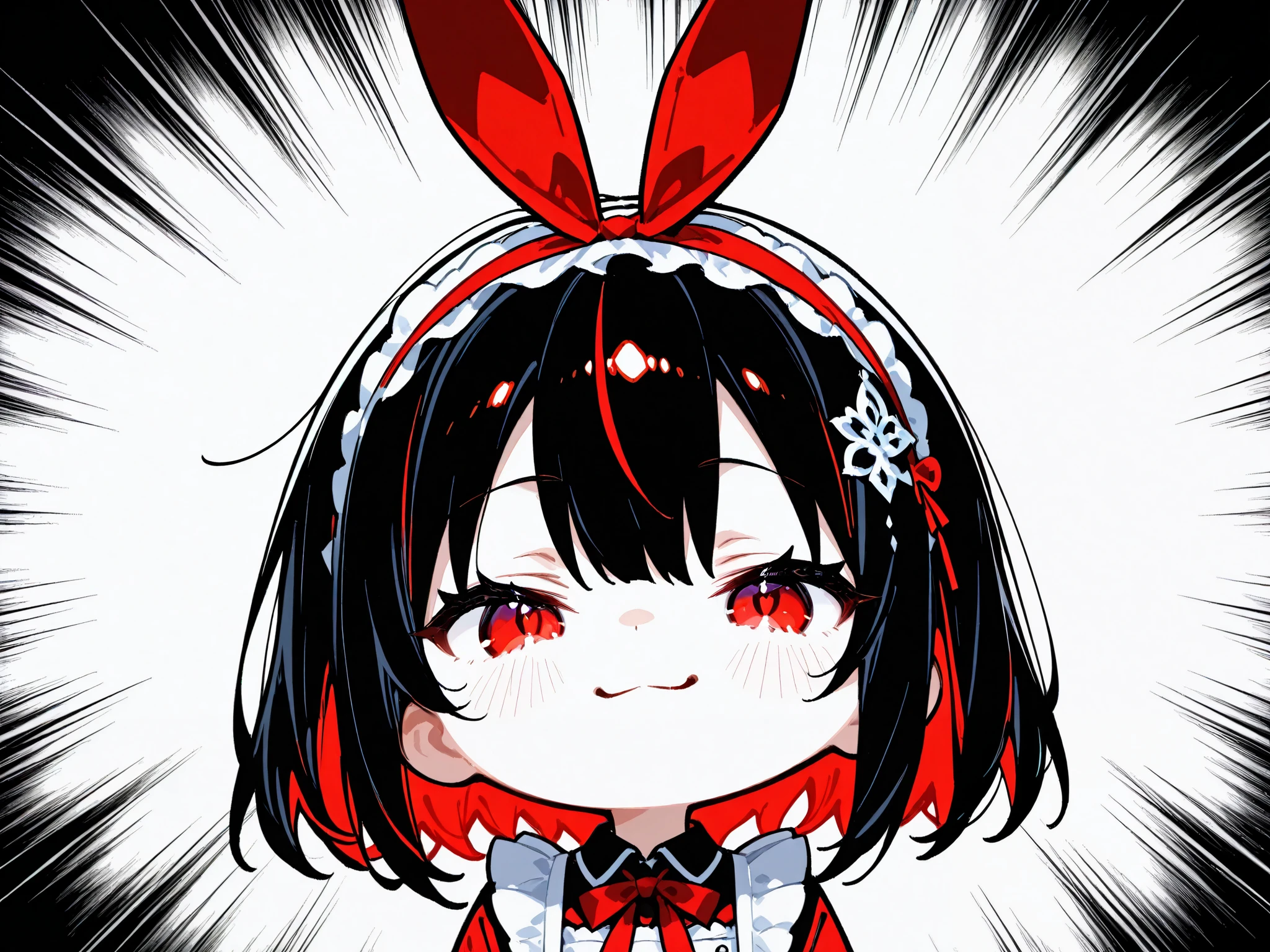 masterpiece, best quality, ultra-detailed, chibi style, minimalistic design, A cute, simplified chibi character with a large round face, short black hair with a slight shine, and a wide, mischievous smile. The character has a pale complexion and simple, soft shading. Her eyes are drawn as thin horizontal ovals, giving her a playful and slightly smug expression. She wears two bright red, ribbon-like accessories on either side of her head, detailed with white frills and accents that add a touch of elegance to her otherwise simple design. The hair is short, with jagged ends that frame the sides of her face, and it has a glossy finish, reflecting light softly at the top. The overall style is minimalistic yet expressive, focusing on the bold, clean lines and the character's cheeky smile. The background is plain white, emphasizing the character's striking features and bold expression.BREAK, ray tracing, UHD, retina, masterpiece, accurate, anatomically correct, very aesthetic, high resolution, ultra-detailed, absurdres, detailed textures, digital painting, ultra-detailed,newest,textured skin, super detail, high details, high quality, best quality, highres, 1080P, HD, 16k