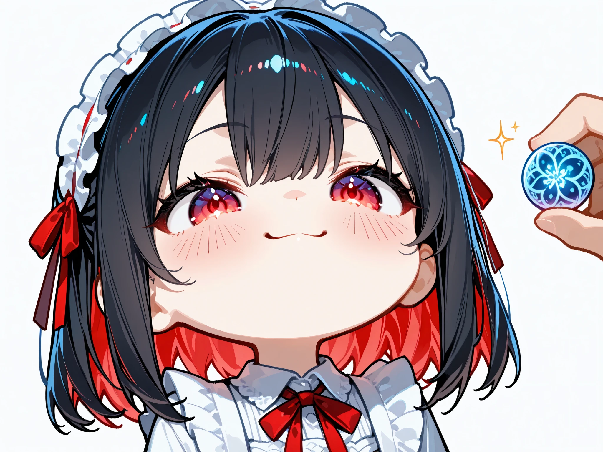 masterpiece, best quality, ultra-detailed, chibi style, minimalistic design, A cute, simplified chibi character with a large round face, short black hair with a slight shine, and a wide, mischievous smile. The character has a pale complexion and simple, soft shading. Her eyes are drawn as thin horizontal ovals, giving her a playful and slightly smug expression. She wears two bright red, ribbon-like accessories on either side of her head, detailed with white frills and accents that add a touch of elegance to her otherwise simple design. The hair is short, with jagged ends that frame the sides of her face, and it has a glossy finish, reflecting light softly at the top. The overall style is minimalistic yet expressive, focusing on the bold, clean lines and the character's cheeky smile. The background is plain white, emphasizing the character's striking features and bold expression.BREAK, ray tracing, UHD, retina, masterpiece, accurate, anatomically correct, very aesthetic, high resolution, ultra-detailed, absurdres, detailed textures, digital painting, ultra-detailed,newest,textured skin, super detail, high details, high quality, best quality, highres, 1080P, HD, 16k