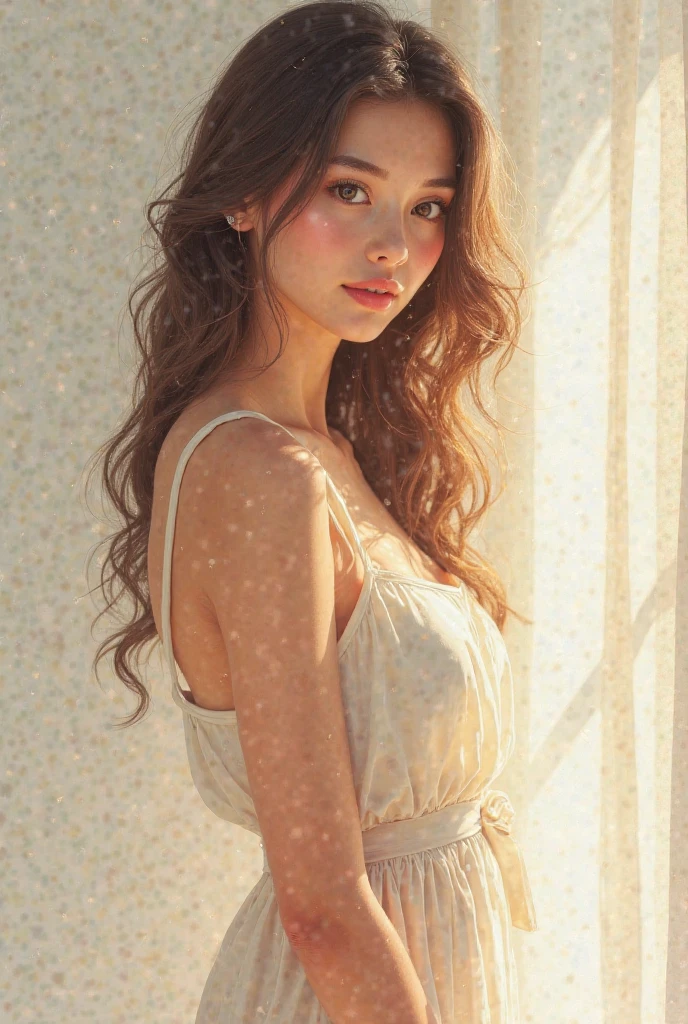 Sleeping girl, 22 years old, realistic, wearing long pants, pink pajama, brown hair.