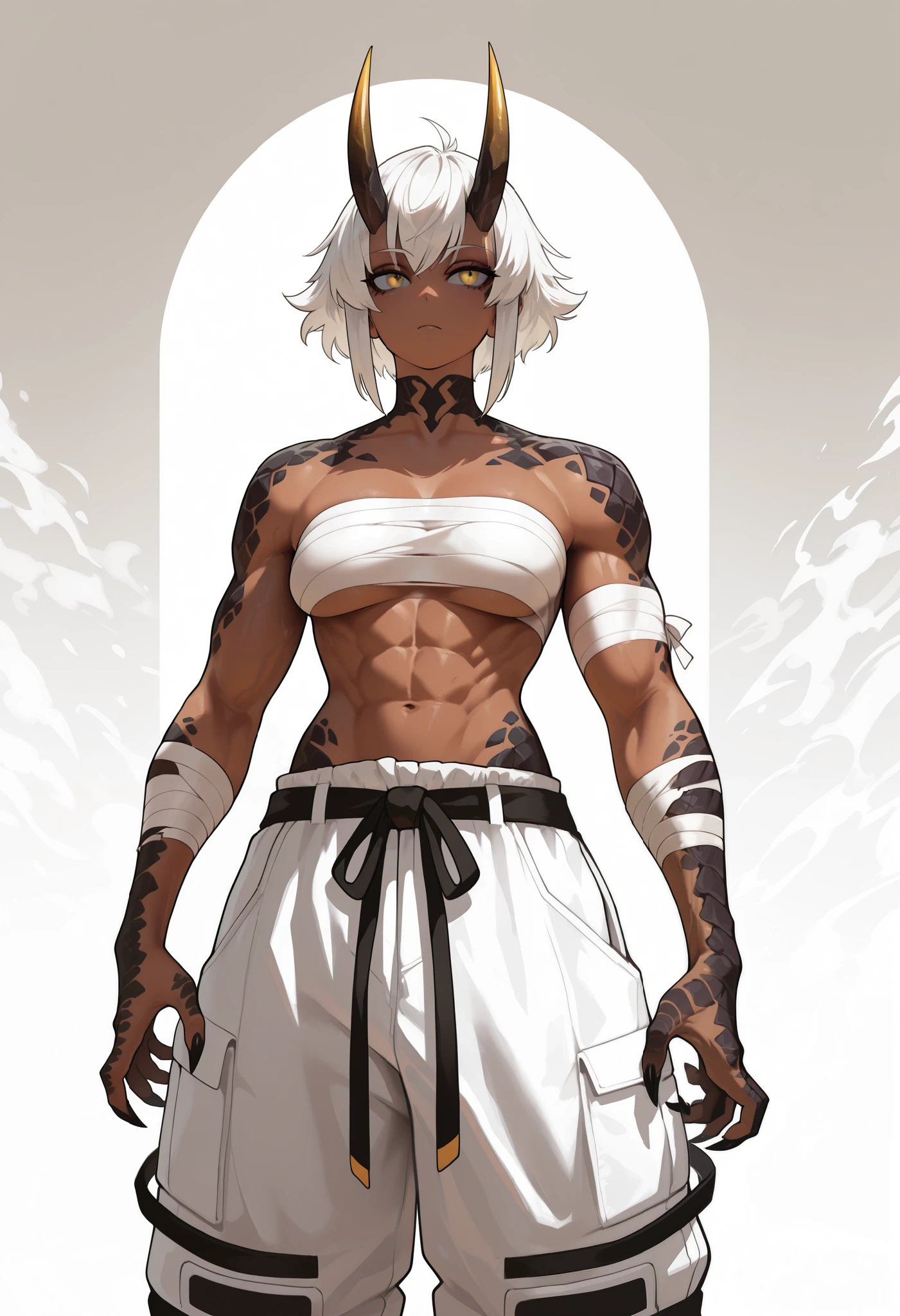 muscular creature, dark horns, yellow eyes, short spiky white hair, short hair, (Bandaged breasts wearing baggy pants:1.3), wrapping her hair, pants, humanoid arms with sharp claws and scales, gradient scales from gray to white, scales on arms and legs, calm pose, athletic, dark skin tone, dynamic view BREAK background is simple and muted, with a gradient effect and soft, neutral tones.