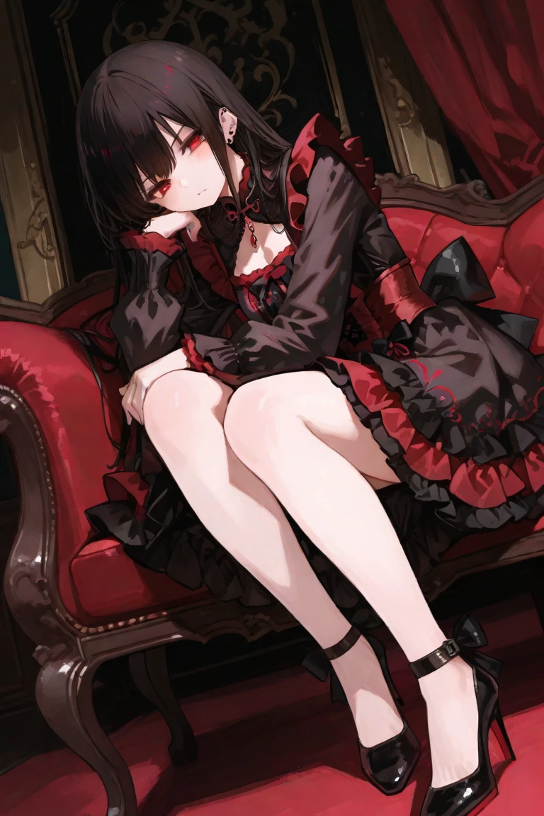girl,beautiful face, medium hair,standing, best quality, ta hairband, nsfw, dark room, {{{gothic loli}, {{facing viewer}},(( darkness)), expressionless, mind control, affectionate, closed mouth, mature female, messy hair, {{dark blue hair}}, medium breasts, red eyes, {{glowing eyes}}, sitting, on chair, easy chair, bedroom, black clothes, frilled sleeves, puffy sleeves, light smile, head tilt, lace-trimmed gloves, frilled skirt, see-through dress, lace-trimmed dress, gothic, pantyhose, hands on lap, see-through sleeves, collared dress, corset, the pose, crossed legs, hands on own thighs,
