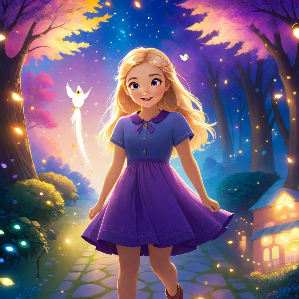 Illustration of the little bird flying high above Lila, who looks up excitedly. The background includes whimsical trees and glimmering lights in the air, indicating magic.