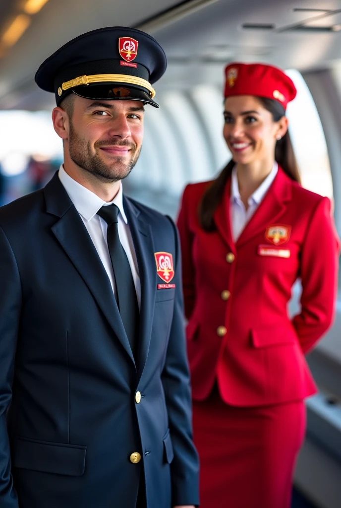 A pilot and stewardess couple, they are both smiling, o piloto esta com um relogio e uma mala em maos. The flight attendant has a red scarf around her neck and a badge hanging on her shirt.