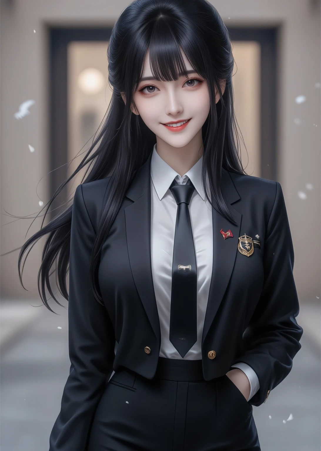 best quality, masterpiece, woman, braided pigtails, Dark hair, dark eyes, black shirt, black blazer, black tie, cynical stare, thumbs up