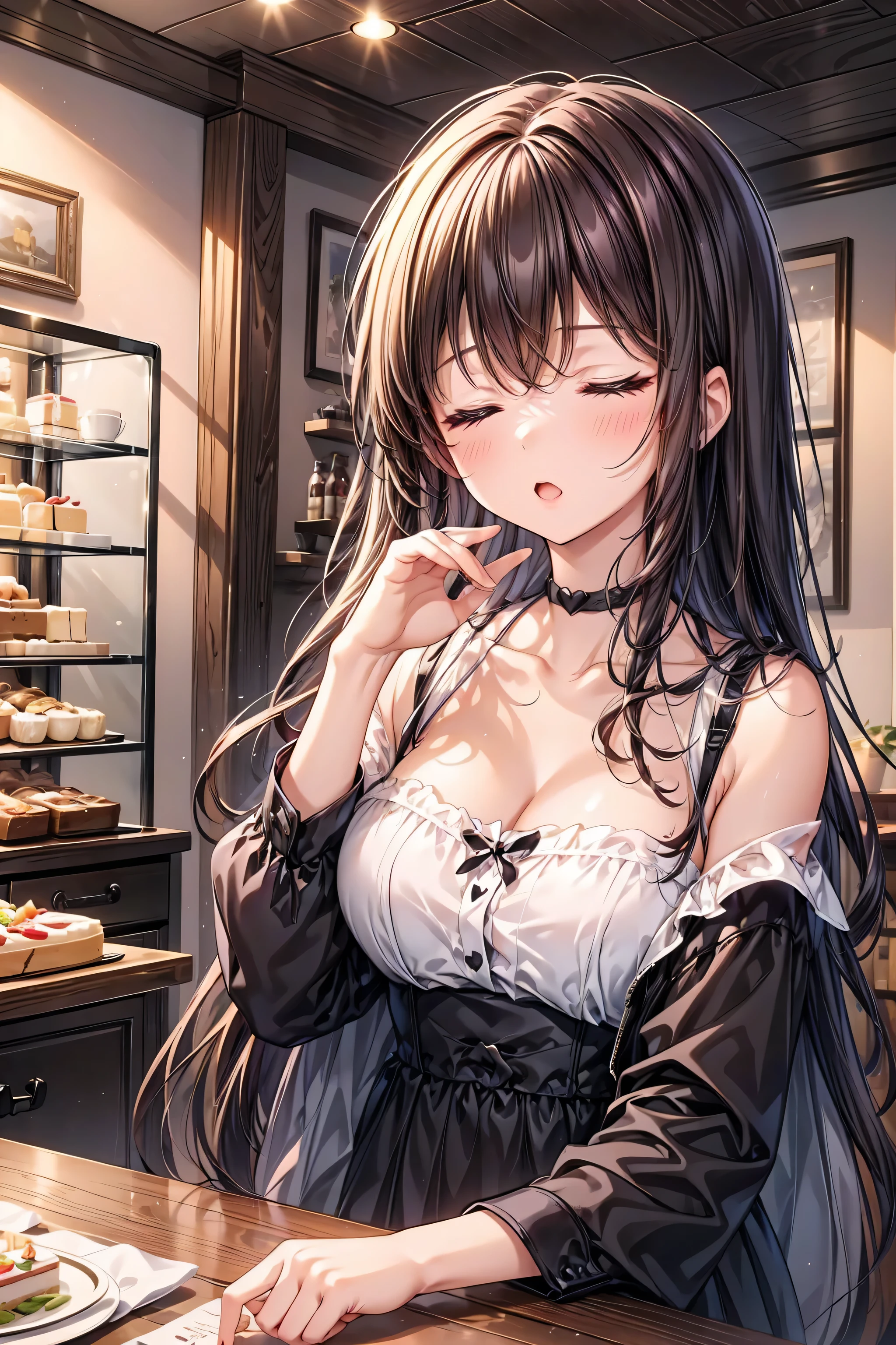(small breasts:1.3), (perky chest:1.1), (pointed chest:1.0), (Pudding cake magazine cover:1.3),(from above:1.0),(from side:0.9),masterpiece, 1girl, Amazing Cleavage:1.1, thin waist, big ass, Raised sexy, small breast: 1.3, posed cleavage:1.2、solo, looking at viewer, open mouth, have a cute grass of cute beergrass,black hair, dark green eyes, dress, bare shoulders, jewelry, collarbone, sidelocks, hairband, earrings, indoors, off shoulder, :o, sweater, arms behind back, plant, short hair with long locks, gild hairband, off-shoulder dress, sweater dress, off-shoulder sweater, red sweater, dark gord hair, big side hair, very long side hair,is rendered in (masterpiece: 1.2, best quality), with (ultra high resolution) and an exquisite (depth of field). This masterpiece is not only visually stunning but also tells,A scene of cooking in the kitchen by classroom