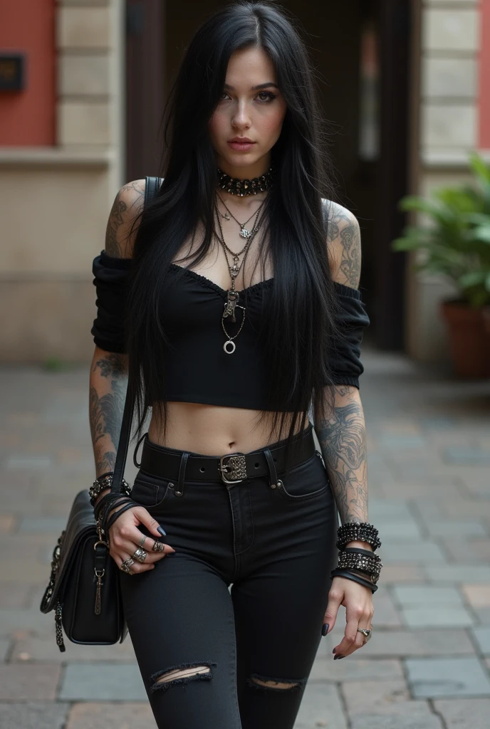 Neighborhood teenager, long black hair, tattoos, torn jean shorts, tattoos on legs, smoking on dirty streets.