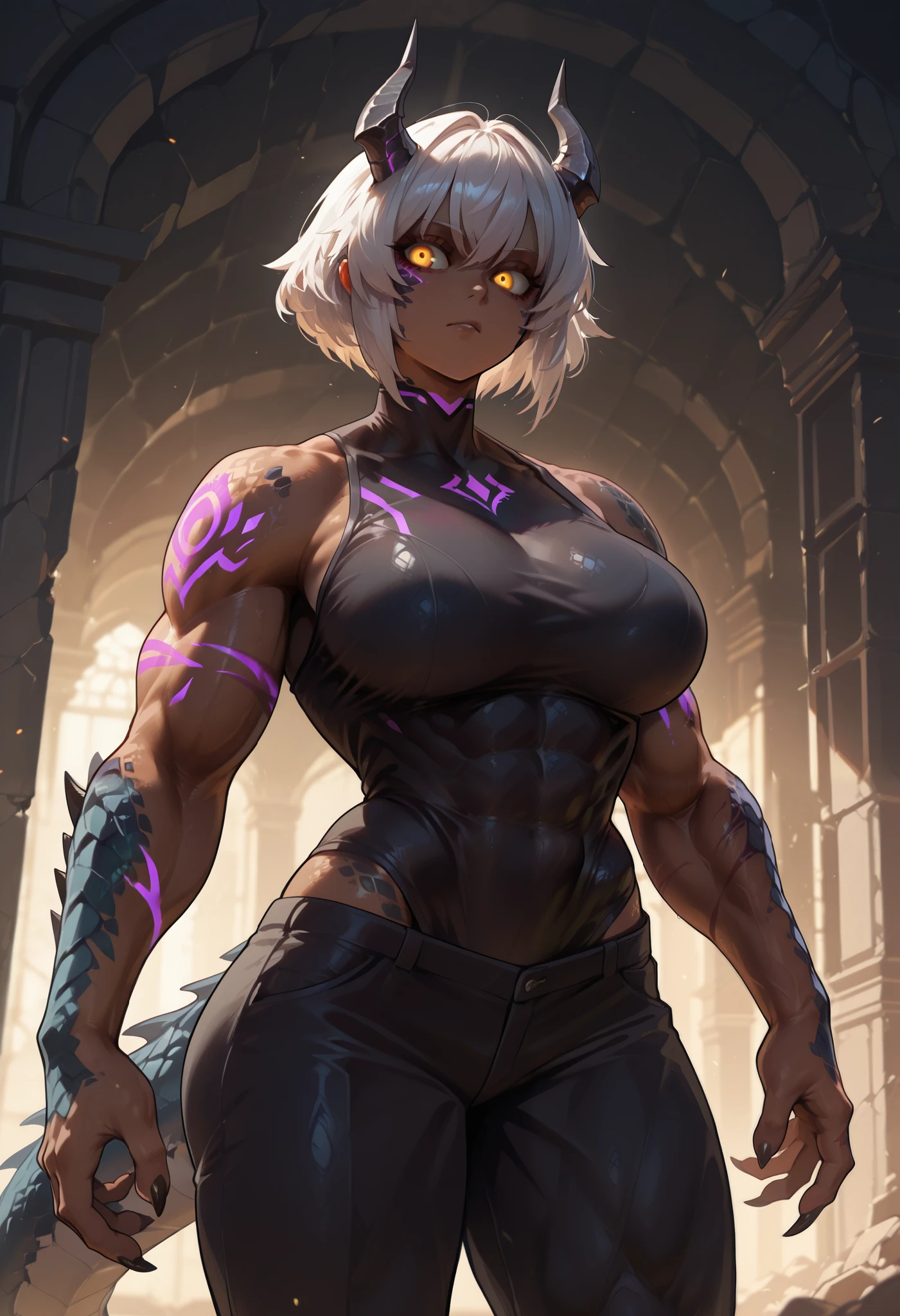 muscular creature, dark horns, purple yellow eyes, glowing eyes, dark scales, short spiky white hair, short hair, black skinsuit, pants, humanoid arms with sharp claws and scales, scales on arms and legs, calm pose, large breasts, big muscles, glowing corruption purple tattoo, glowing tattoo, athletic, dark skin tone, BREAK background is simple and muted, with a gradient effect and soft, neutral tones.