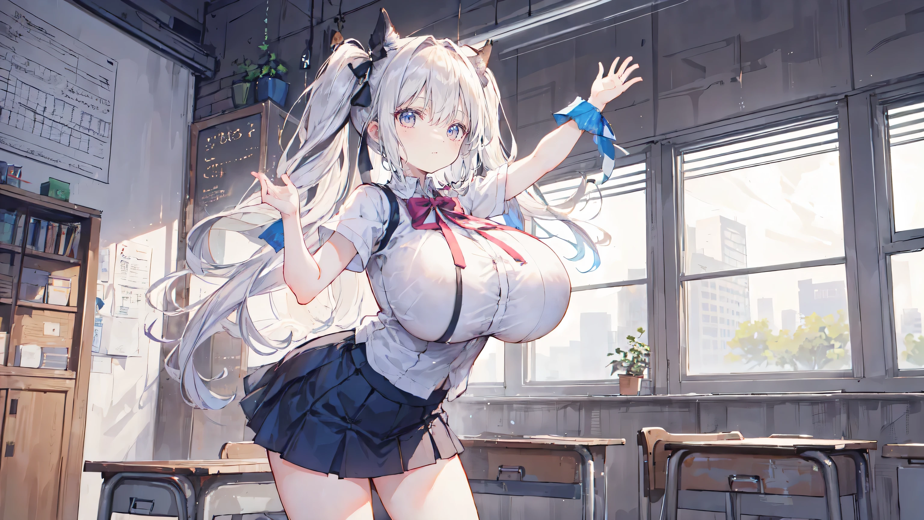 POV: ((((fox girl, fox ears, Super huge enormously gigantic tits, cleavage and underboob showing)))) platinum white hair, school girl uniform plaid school girl skirt and white thigh high socks, skinny, slim thick, small waist, 8k, UHD, (accentuated super huge enormously gigantic , squatting spreading her legs open, arching her back in a sexy seductive slutty horny pose), school classroom background